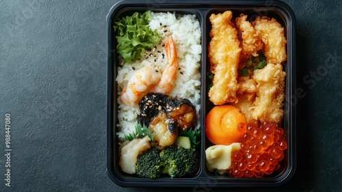 Top view of a bento box filled with rice, tempura, and vegetables, leaving room for copy space.