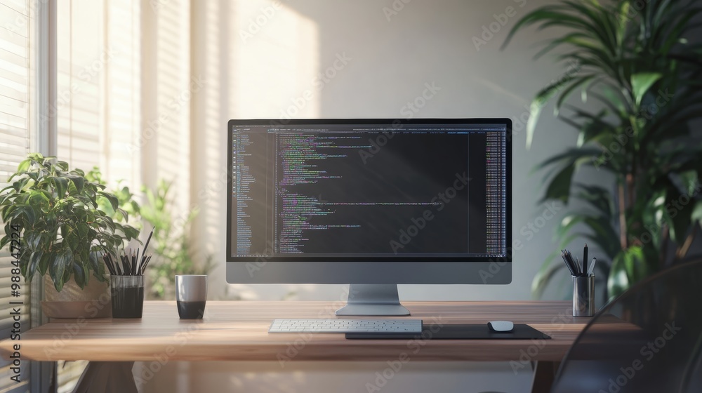 Modern home office setup with a desktop computer displaying code on screen, surrounded by plants, ideal for content related to coding and productivity Modern home office setup with a desktop computer displaying code on screen, surrounded by plants, ideal for content related to coding and productivity