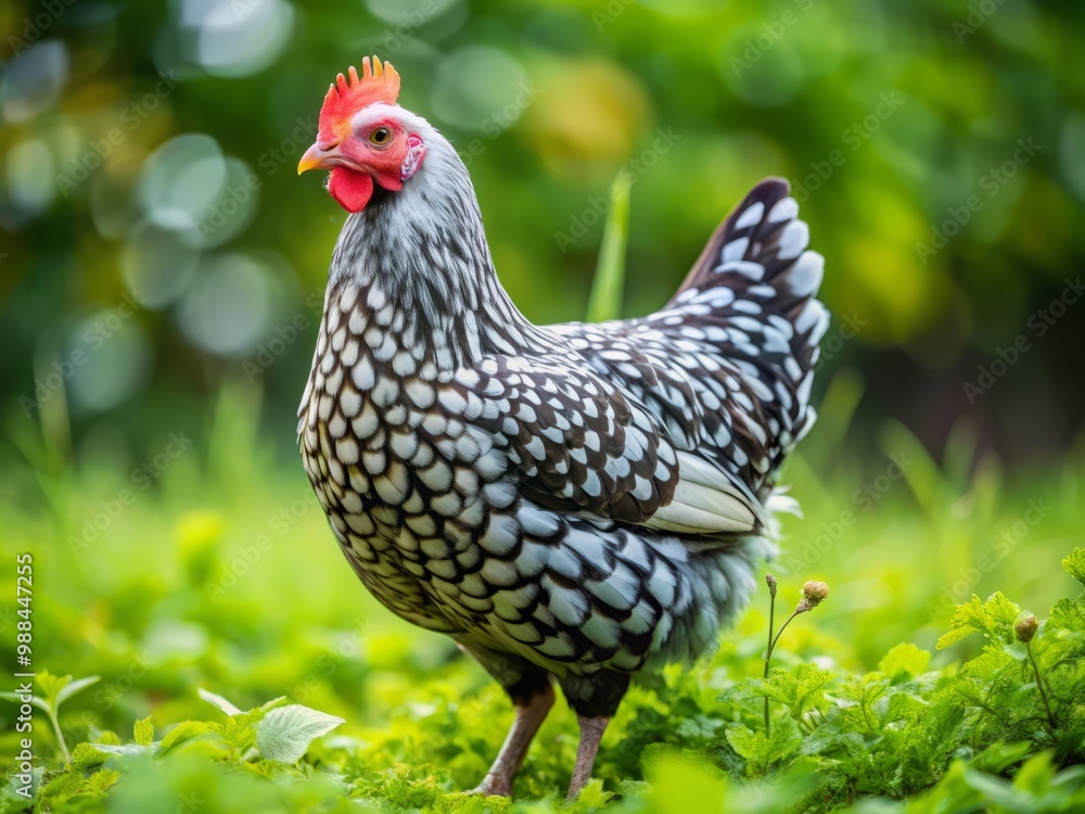 custom made wallpaper toronto digitalA chicken with silvery wings and breasts stands tall amidst lush greenery, its rusty-red eyes gazing out at