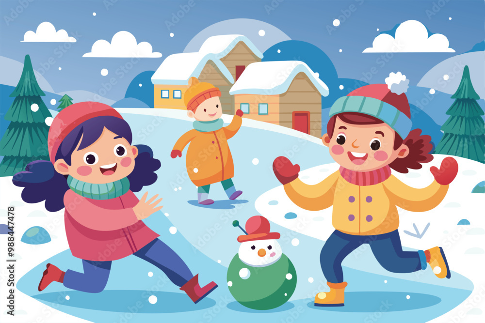 Kids are happily playing in the snow, building a snowman and enjoying the winter weather in a picturesque snowy landscape. Kids are happily playing in the snow, building a snowman and enjoying the winter weather in a picturesque snowy landscape.