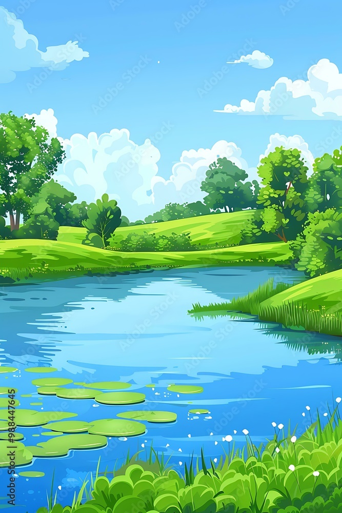 Summer Landscape with Green Grass, Blue Lake and White Clouds Summer Landscape with Green Grass, Blue Lake and White Clouds