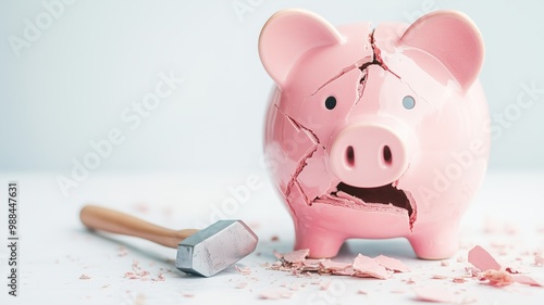 A cracked pink piggy bank with a distressed expression, accompanied by a hammer and scattered coins. A visual metaphor for broken savings and financial challenges. photo