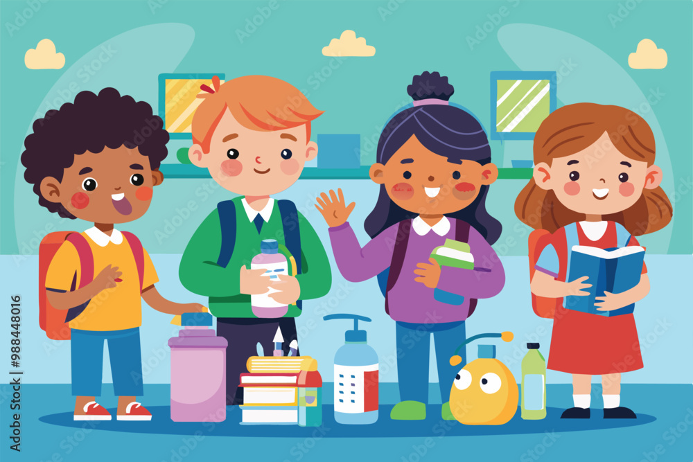 Children in a classroom setting are using hand sanitizer while holding books and water bottles, promoting hygiene practices during school hours. Children in a classroom setting are using hand sanitizer while holding books and water bottles, promoting hygiene practices during school hours.