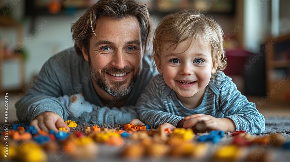 two toddler children with father playing indoors at home two toddler children with father playing indoors at home