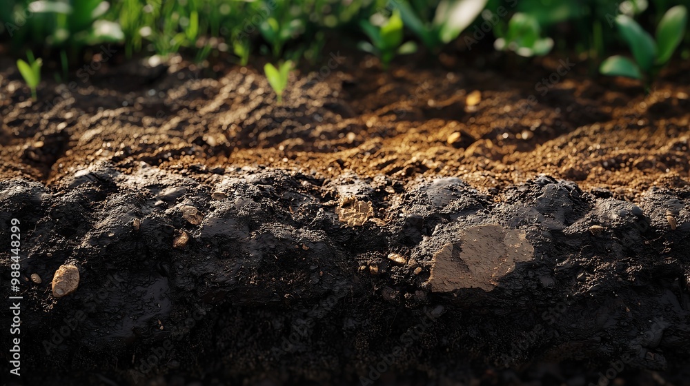Close-up of fertile soil layers with emerging green seedlings, symbolizing soil health and plant growth. Close-up of fertile soil layers with emerging green seedlings, symbolizing soil health and plant growth.