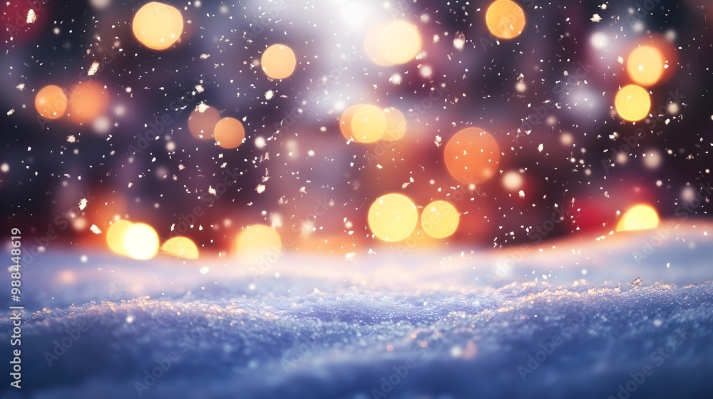 Obraz premium Winter background featuring gently falling snow and a soft blurred bokeh effect, perfect for a Merry Christmas and Happy New Year greeting card, with ample copy-space
