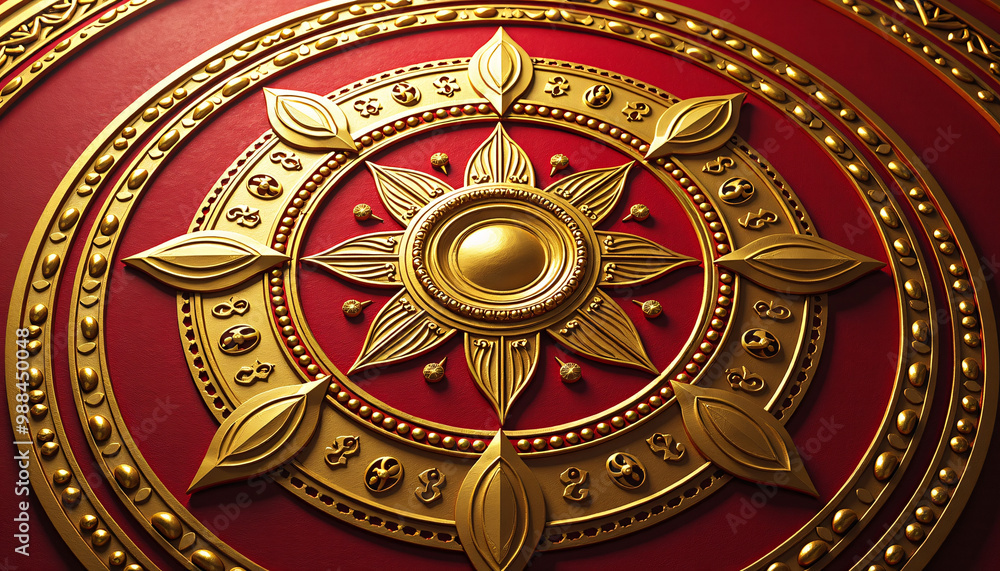 Fototapeta premium Mandala design in luxurious gold and red featuring Hindu religious symbols and sacred geometry for a festive theme.