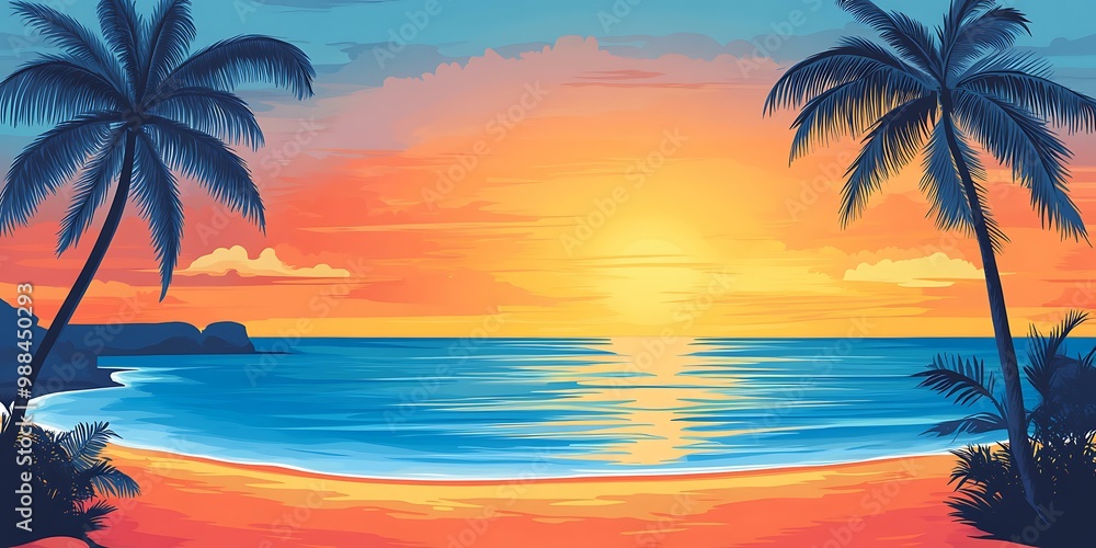 Tropical Sunset Beach Scene with Palm Trees Tropical Sunset Beach Scene with Palm Trees