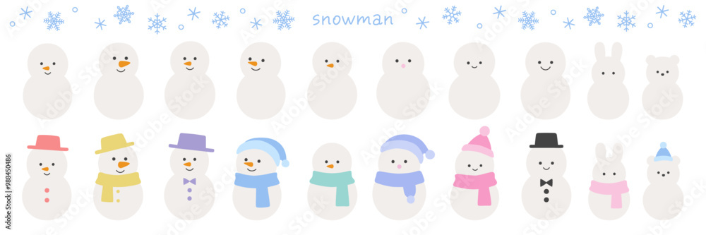 雪だるまと雪の結晶のベクターイラストセット。冬、アイコン、ゆきだるま 雪だるまと雪の結晶のベクターイラストセット。冬、アイコン、ゆきだるま