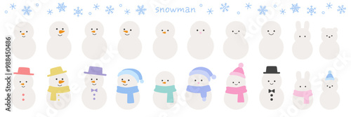 雪だるまと雪の結晶のベクターイラストセット。冬、アイコン、ゆきだるま