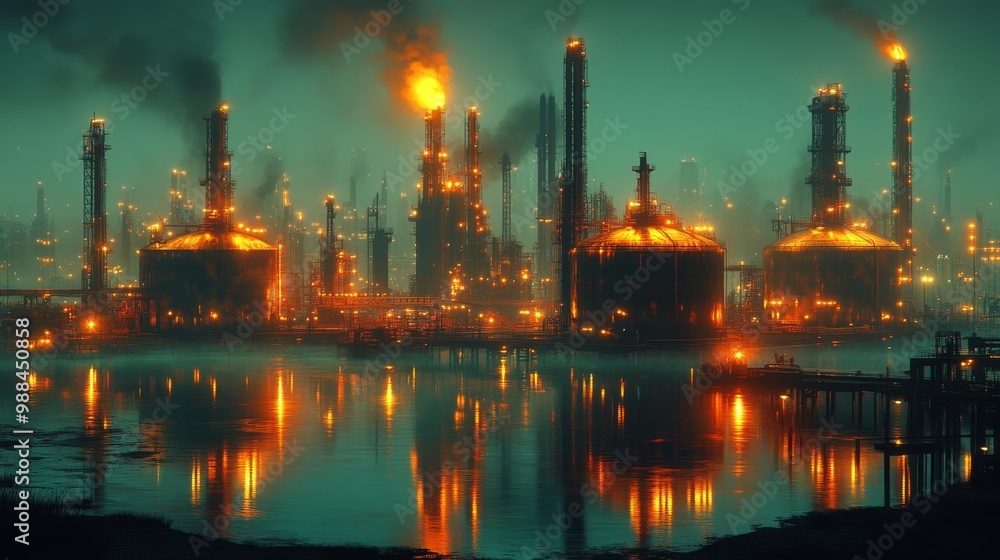 Industrial Refinery at Night with Fiery Lights Generative AI Industrial Refinery at Night with Fiery Lights Generative AI