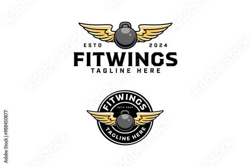 kettlelbell with wings colorful badge logo design set for gym fitness sport and competition.  kettle bell with angle wings illustration modern logo template for bodybuilding, weightlifting club