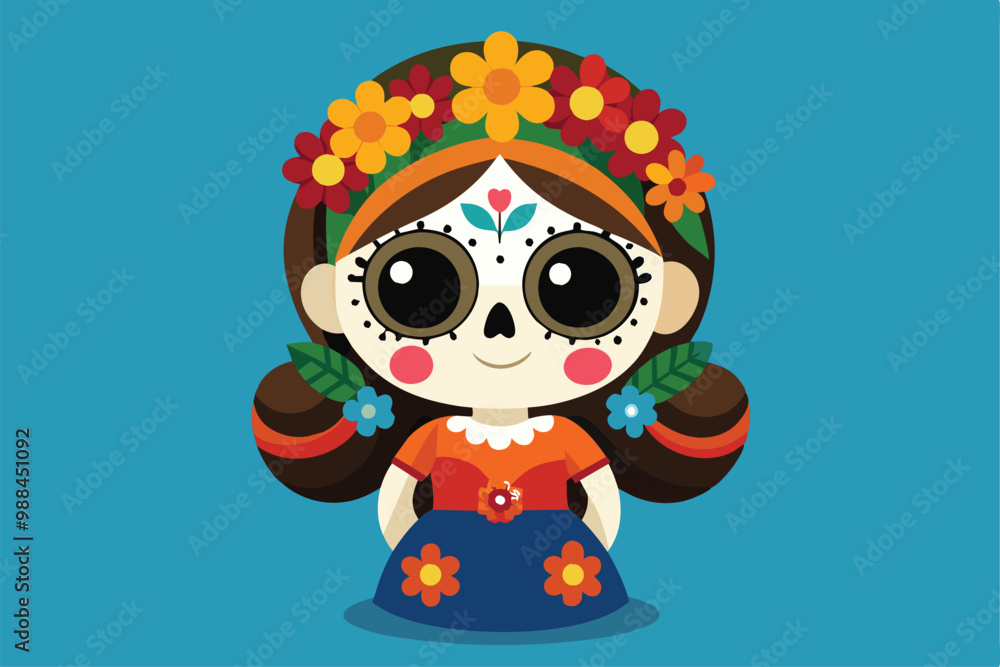 Fototapeta premium A cheerful La Catrina character adorned with a flower crown, celebrating culture and tradition during the festive Día de los Muertos.
