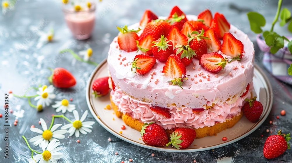 Scrumptious strawberry cake with creamy frosting and fresh berries, perfect for celebrations Scrumptious strawberry cake with creamy frosting and fresh berries, perfect for celebrations