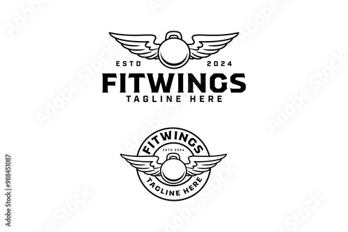 kettle bell with angle wings outline badge logo design set for gym fitness sport and competition.  kettlelbell with wings illustration modern logo template for bodybuilding, weightlifting club