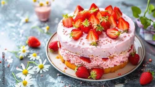 Scrumptious strawberry cake with creamy frosting and fresh berries, perfect for celebrations