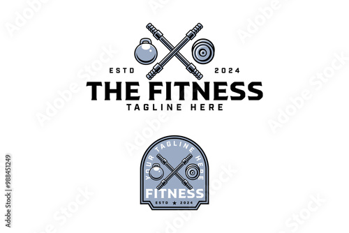 power bar crossed with barbell and kettlebell colorful badge logo design set for gym fitness sport. olympic bar, kettlebell, barbell illustration logo template for bodybuilding, weightlifting club