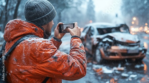 unrecognizable man taking pictures of broken car after an accident