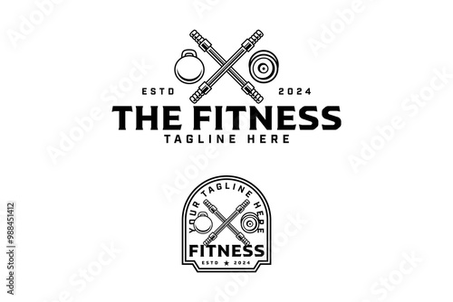 olympic bar crossed with kettlebell, barbelloutline badge logo design set for gym fitness sport. power bar, barbell, kettlebell illustration logo template for bodybuilding, weightlifting club
