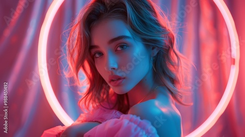 A young woman poses, bathed in the ethereal glow of a ring light, accentuating her striking features and gaze.