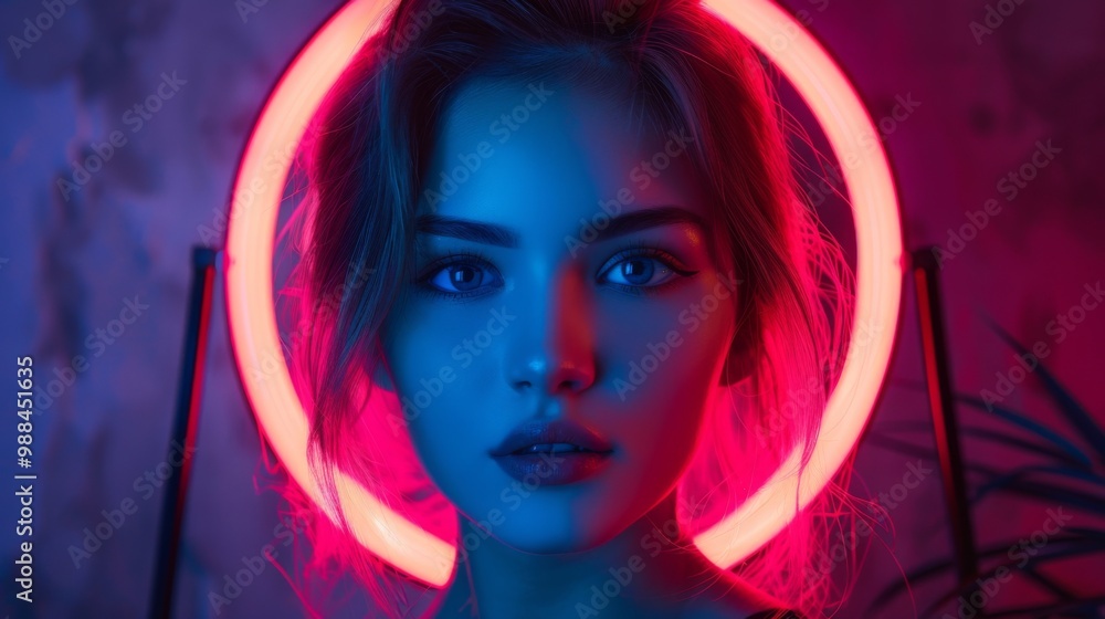 A young woman poses, bathed in the ethereal glow of a ring light, accentuating her striking features and gaze. A young woman poses, bathed in the ethereal glow of a ring light, accentuating her striking features and gaze.