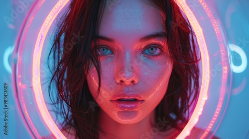 Captivating portrait of a young woman illuminated by a selfie ring light