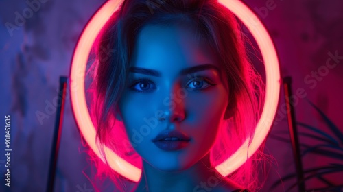 A young woman poses, bathed in the ethereal glow of a ring light, accentuating her striking features and gaze.
