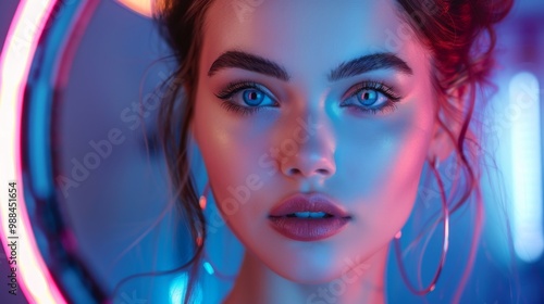 Captivating portrait of a young woman illuminated by a selfie ring light