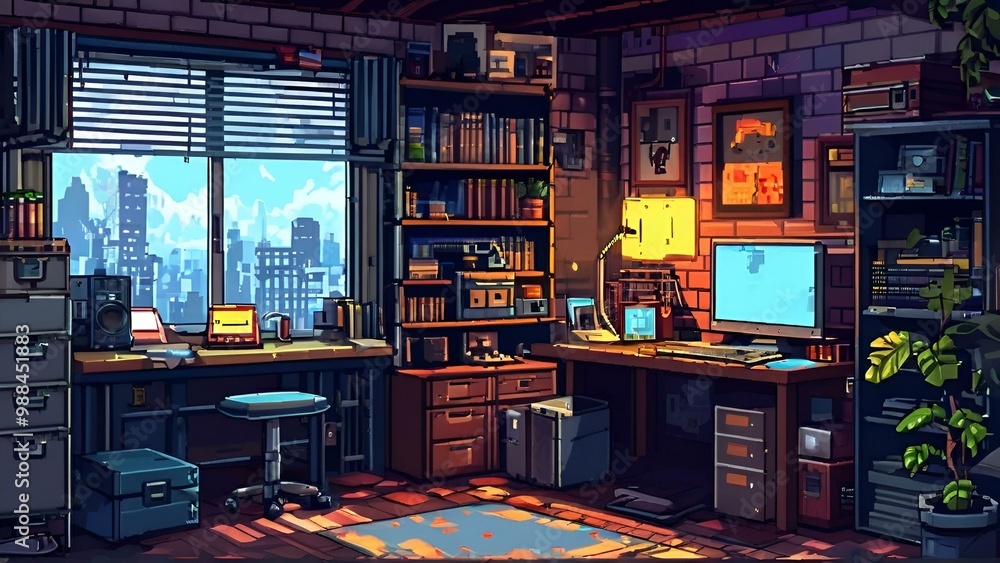 A computer desk positioned near a window, providing natural light and a view of the outdoors. A computer desk positioned near a window, providing natural light and a view of the outdoors.