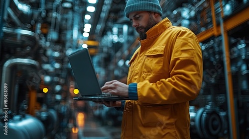 unrecognizable technician or engineer with laptop standing in industrial factory