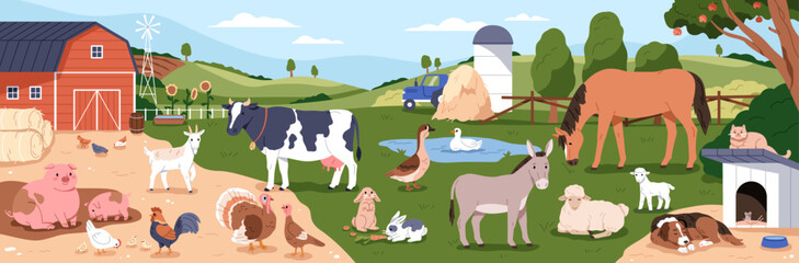 Fototapete Bauernhof Hoftiere im Stallhof des Dorfes  © Good Studio