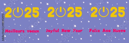 3 New year 2025 purple squared greeting cards written in English, French, Spanish in yellow and red with lots of stars with an "on" button