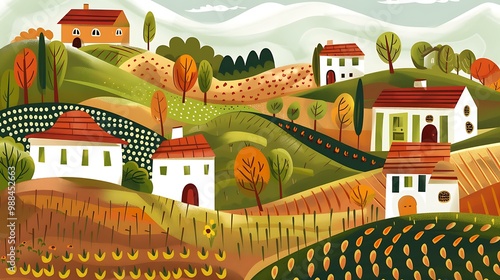 Autumn Village Landscape Illustration