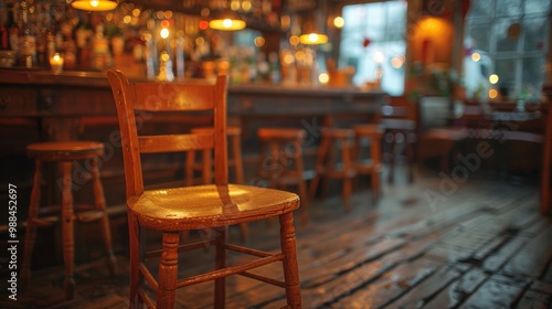 An old wooden bar stool stands solo by a counter in a warmly lit, traditional pub, inviting patrons to take a seat.