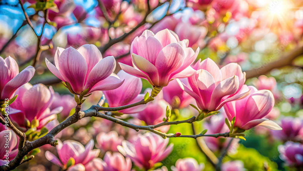 Close-up of Pink Magnolia tree blooming in a botanical garden, pink, magnolia, tree, flowers, blooming, botanical garden, nature Close-up of Pink Magnolia tree blooming in a botanical garden, pink, magnolia, tree, flowers, blooming, botanical garden, nature
