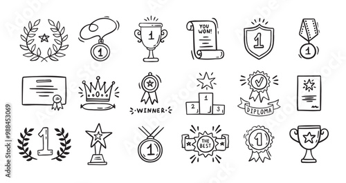 Awards doodle, trophy cups, first place medals and diploma set. Hand drawn champion trophy cup and gold medal. Drawing award decorative isolated icons. 