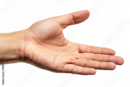 A person holds out their hand on a white background, suitable for use in illustrations or designs where attention is needed