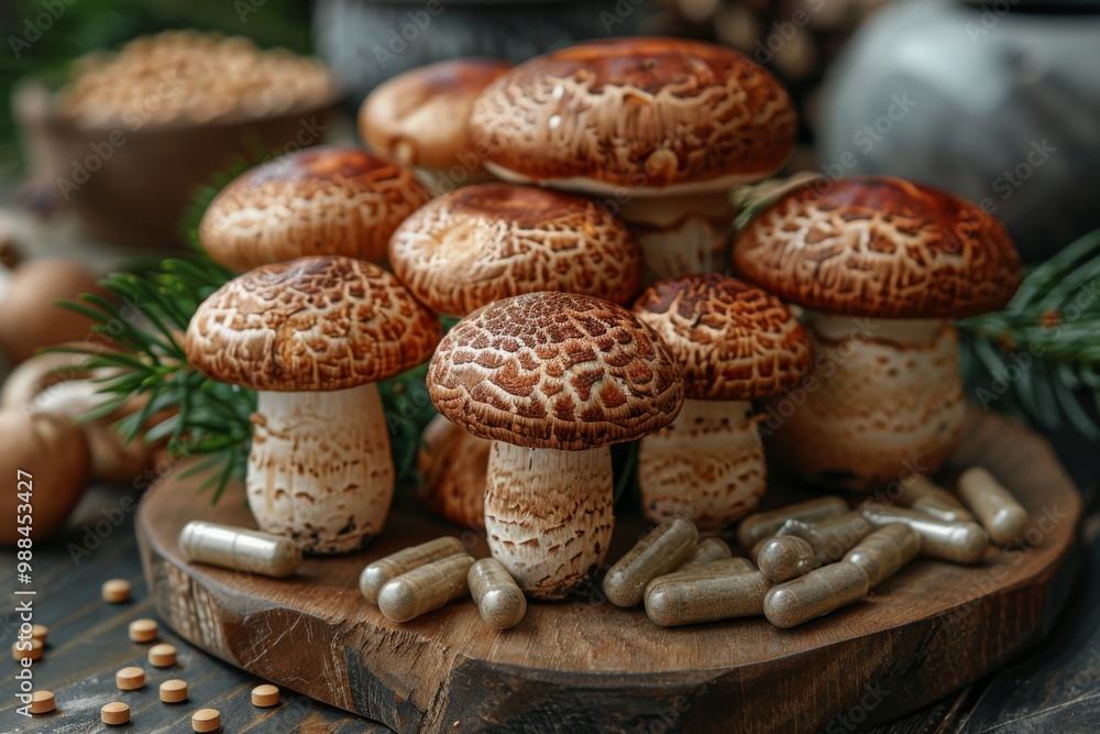 Obraz premium Shiitake mushrooms arranged next to natural herbal supplement capsules, illustrating a concept of alternative medicine.