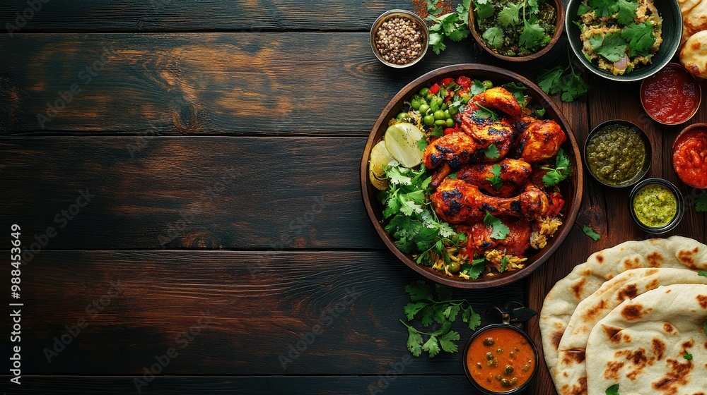 Top view of an Indian feast featuring tandoori chicken, naan, and curries, with ample room for copy space. Top view of an Indian feast featuring tandoori chicken, naan, and curries, with ample room for copy space.