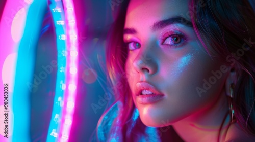 Captivating portrait of a young woman illuminated by a selfie ring light
