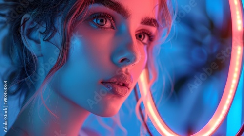 Captivating portrait of a young woman illuminated by a selfie ring light