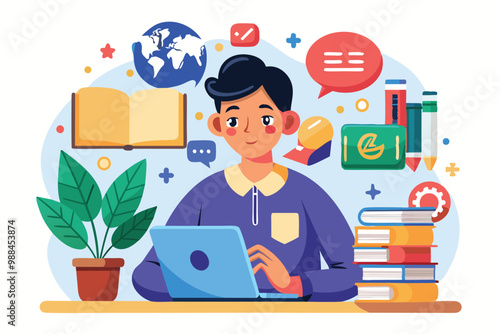 A focused young learner is using a laptop surrounded by books and educational icons, embodying the journey of customizable language learning at home.