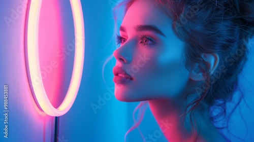 Captivating portrait of a young woman illuminated by a selfie ring light