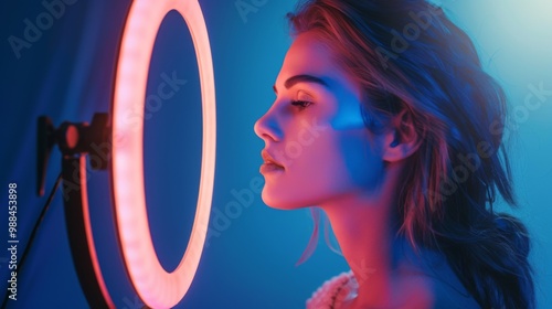 Captivating portrait of a young woman illuminated by a selfie ring light