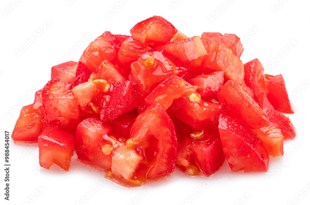 Peeled and diced tomatoes isolated on white background. Macro shot. Peeled and diced tomatoes isolated on white background. Macro shot.
