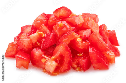 Peeled and diced tomatoes isolated on white background. Macro shot.