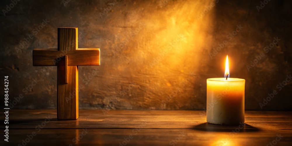 Naklejka premium A flickering candle casts a warm, golden light on a small cross, standing steadfast against the shadows that