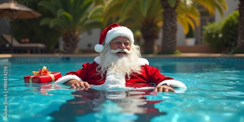 Santa Claus in the pool with gifts

