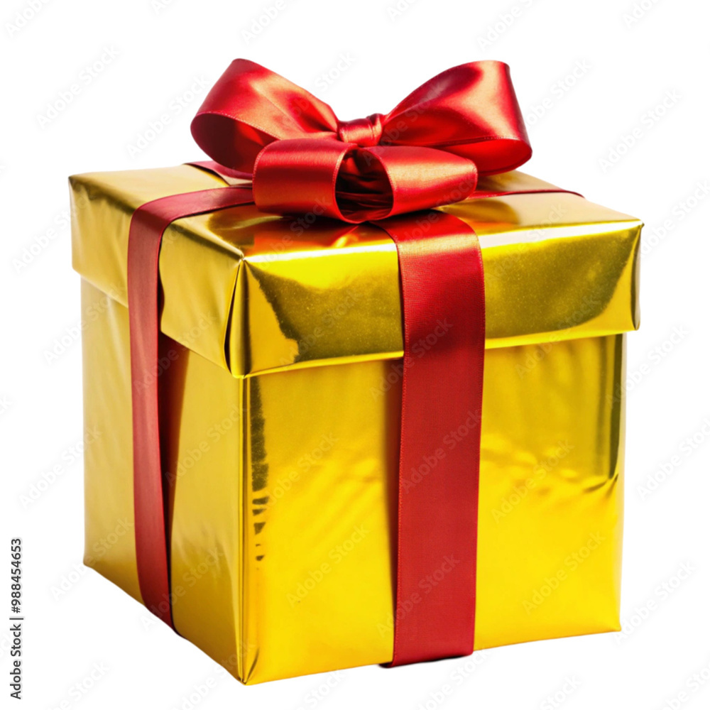 Large Christmas gift with a metallic gold wrapping and a big red bow on transparent background
Large Christmas gift with a metallic gold wrapping and a big red bow on transparent background