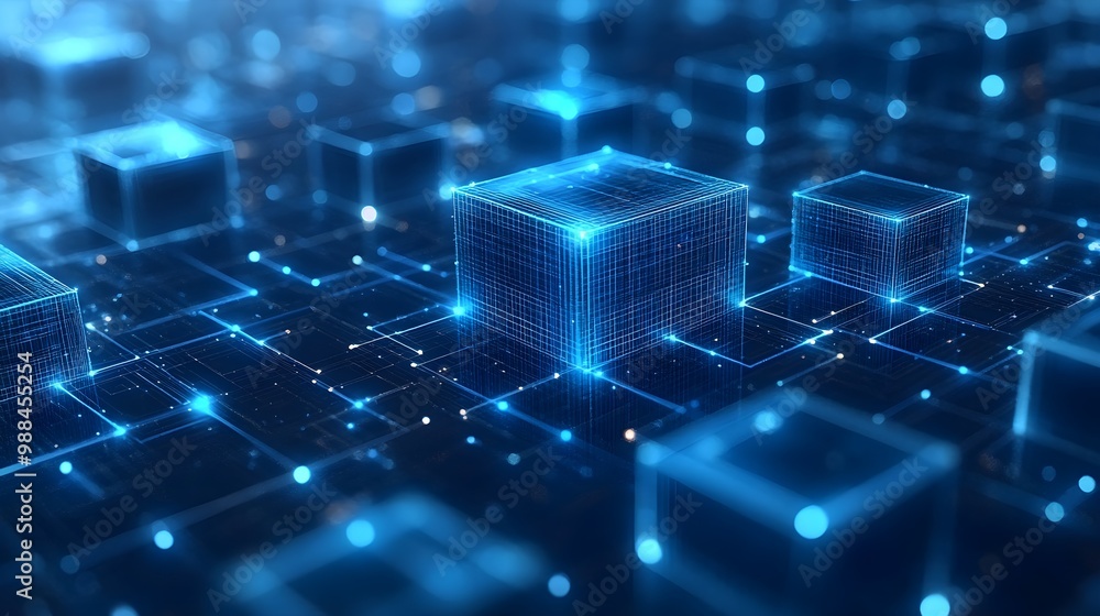 Abstract Blue Digital Network with Glowing Cubes Abstract Blue Digital Network with Glowing Cubes